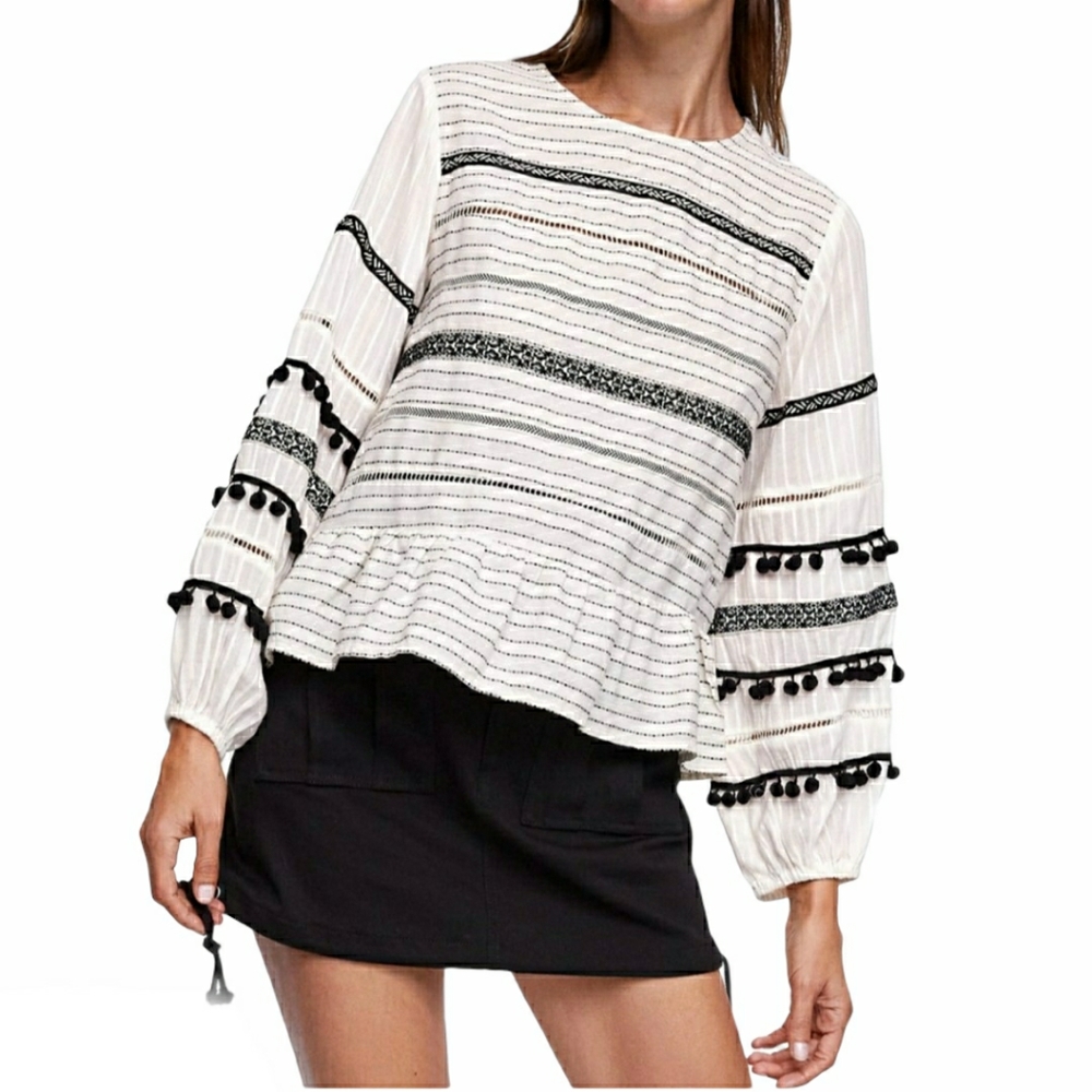 Zara Off white/Black pom pom cotton blouse
